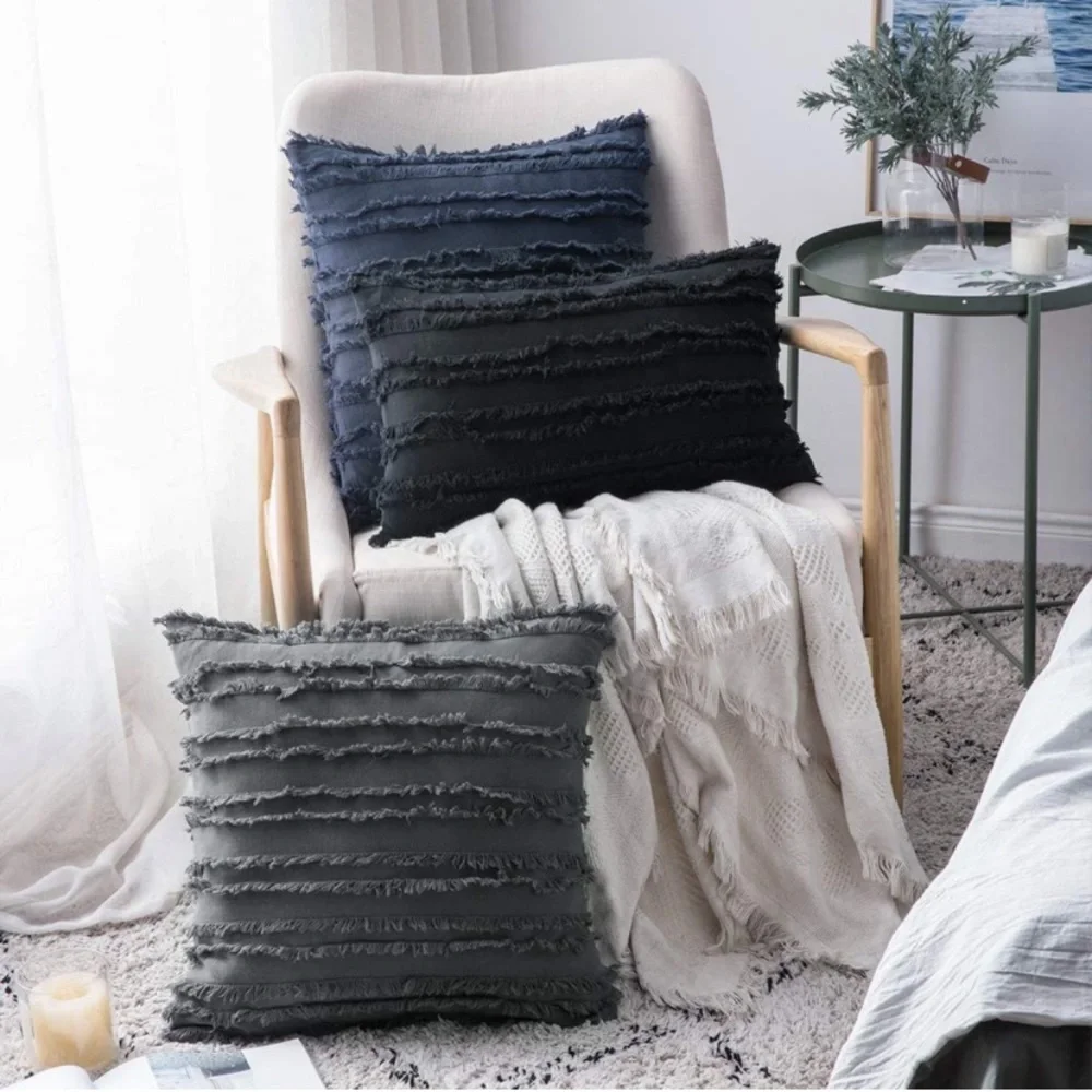 Luxury Home | Boho Chic Dark Grey Frayed Striped Jaquard Throw Pillow Covers